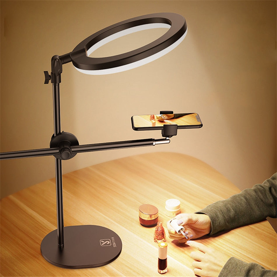Mobile Phone Tripod Holder with LED Ring Flash Light - Perfect for Filming Nail Art and Make Up