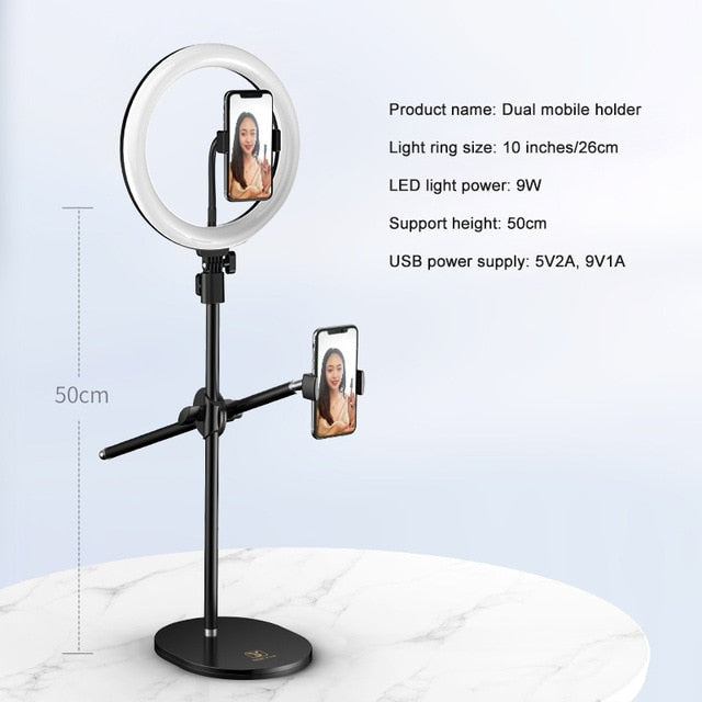 Dual Phone Tripod with LED Ring Flash Light Phone Holder - Perfect for Filming Nail Art and Make up